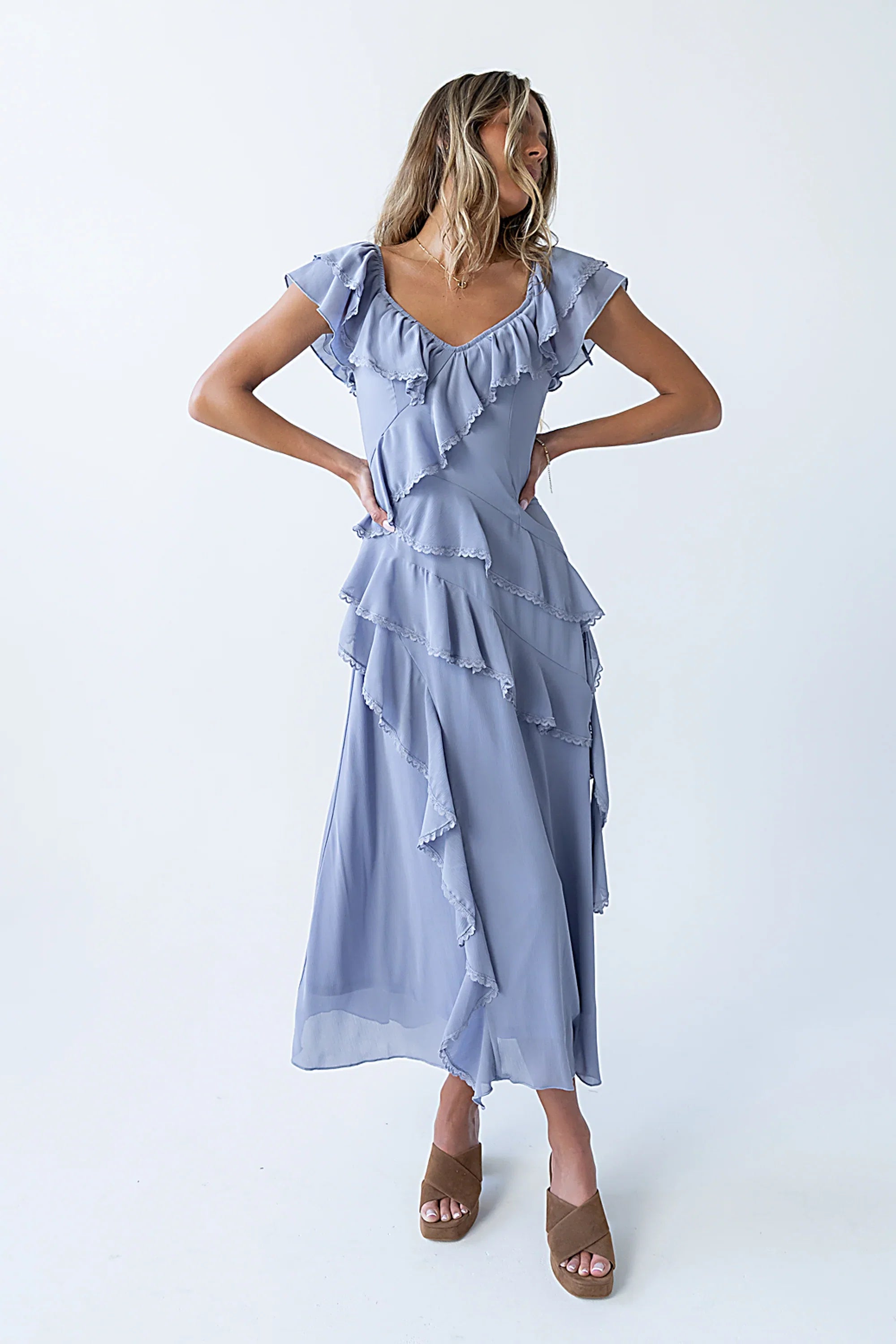 Quinton Ruffle Maxi Dress in Blue