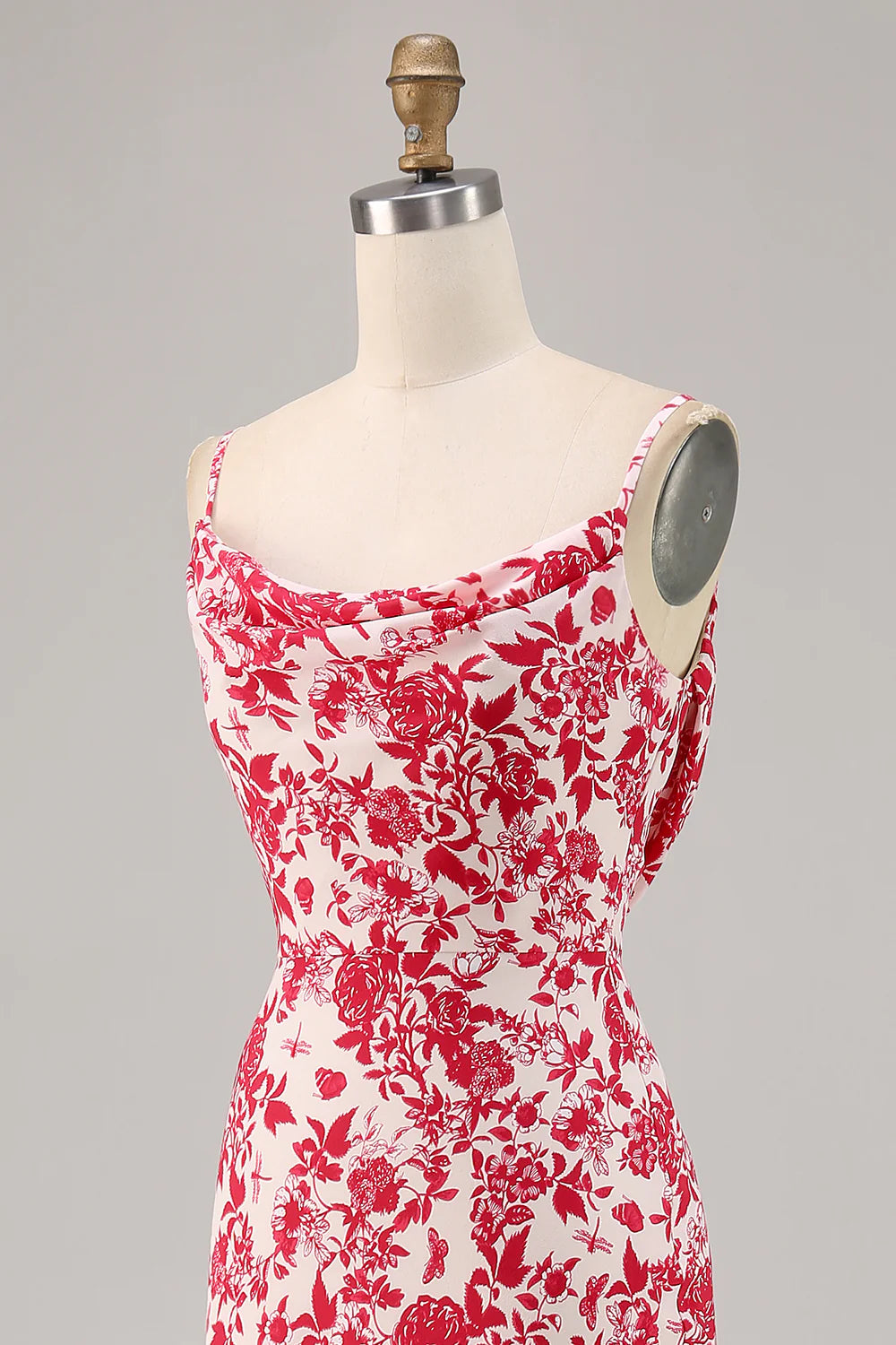 Red Flower Sheath Spaghetti Straps Floral Maxi Dress