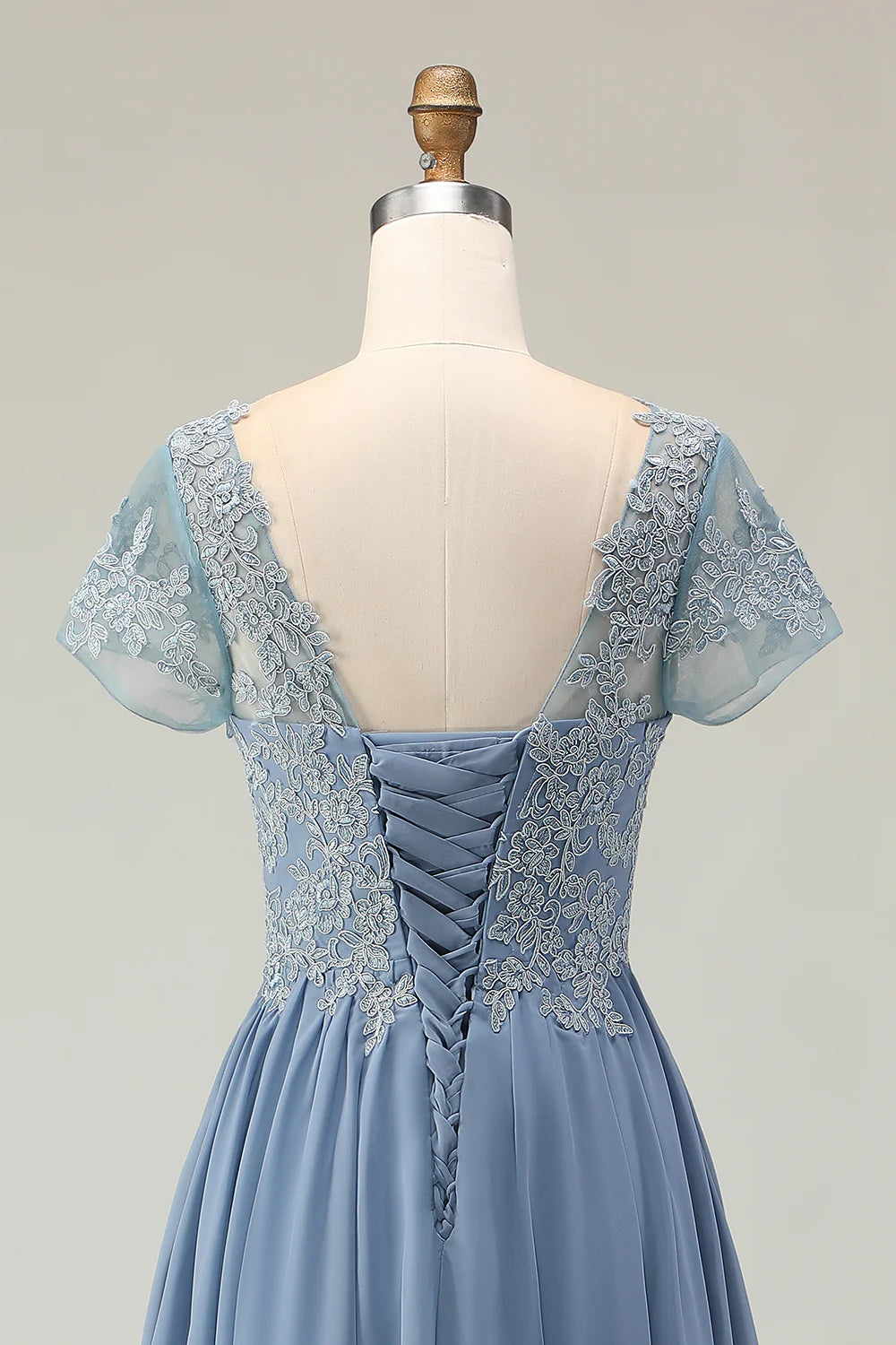 Dusty Blue A Line Appliqued V Neck Midi Mother of the Bride Dress with Capelet
