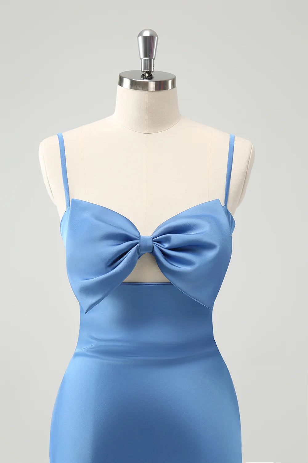 Blue Mermaid Spaghetti Straps Satin Bridesmaid Dress with Bow