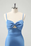 Blue Mermaid Spaghetti Straps Satin Bridesmaid Dress with Bow