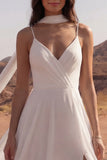 Ivory A Line Spaghetti Straps Maxi Wedding Dress with Sash