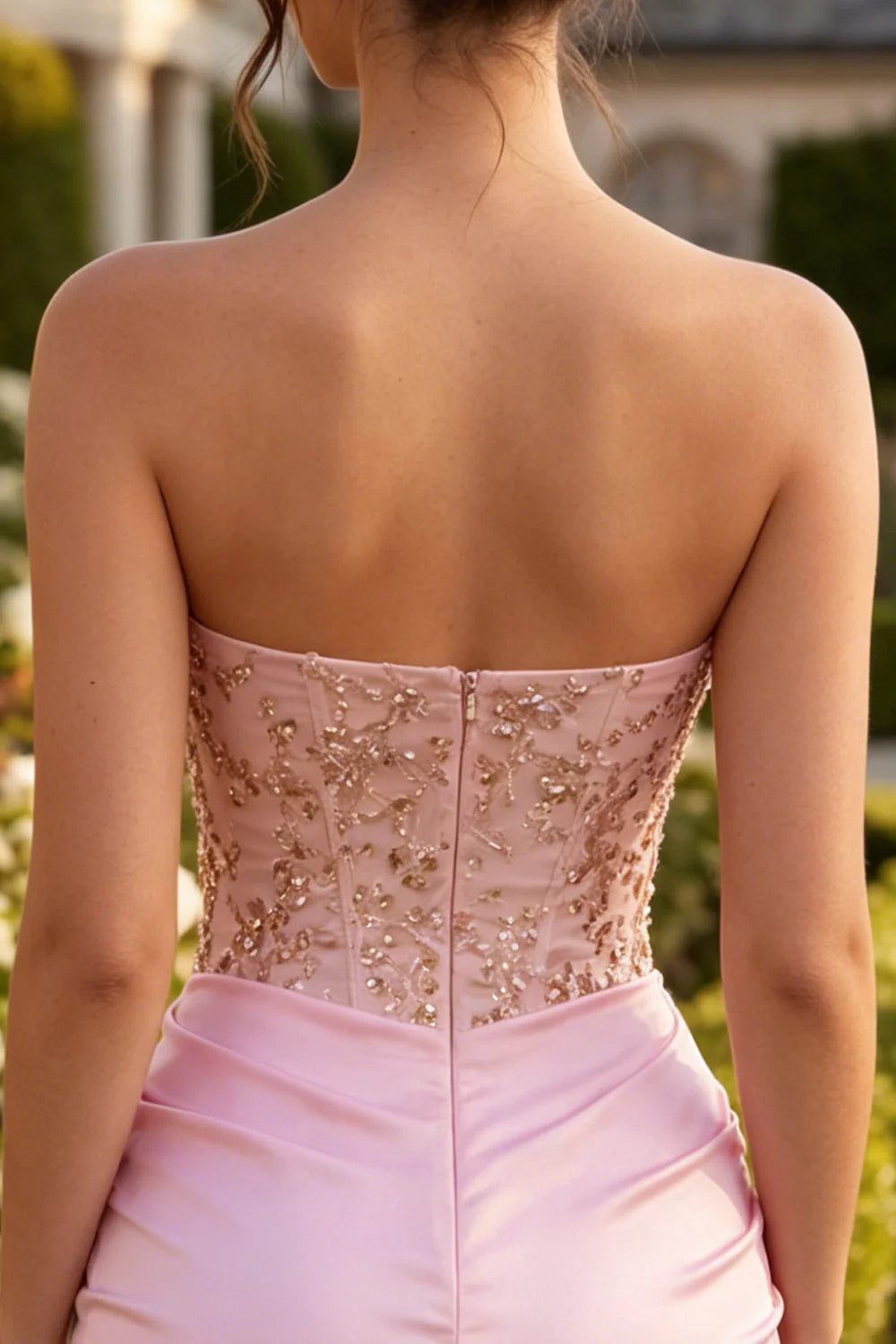 Strapless Pink Beaded Bodycon Corset Homecoming Dress