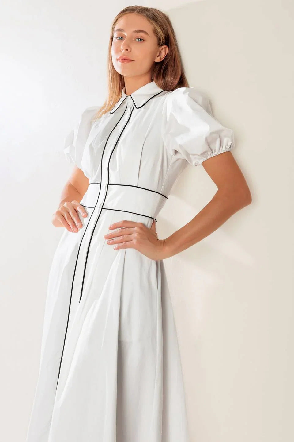 VINTAGE VIBES PUFF SLEEVE MIDI DRESS WHITE