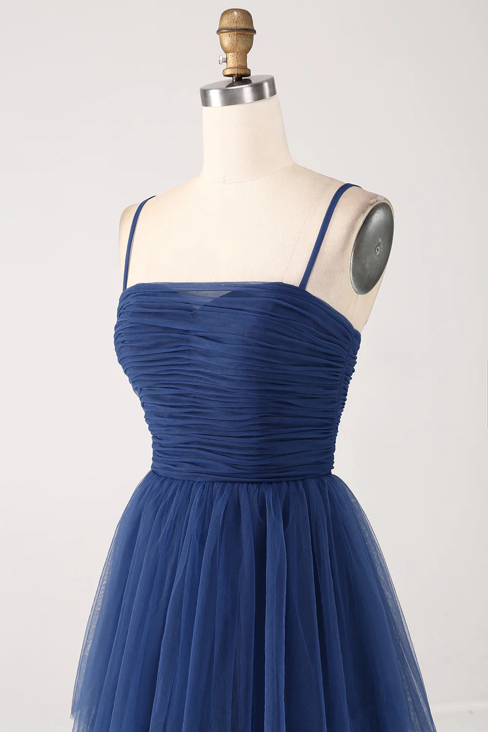 Navy A Line Spaghetti Straps Tulle Pleated Floor Length Bridesmaid Dress With Slit