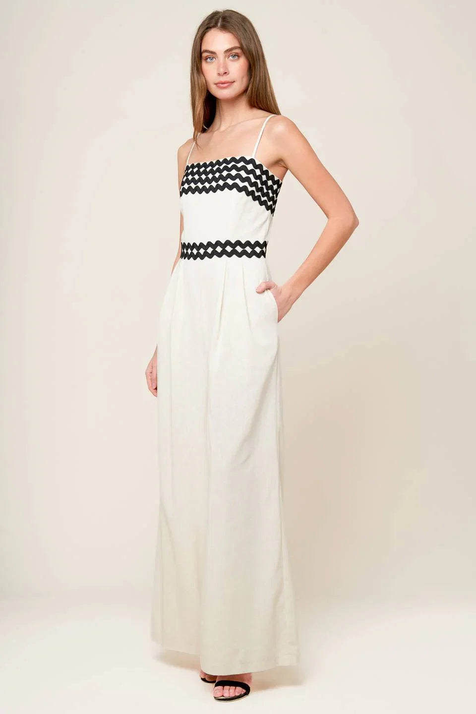 MEET AT THE PIER CREAM RIC RAC TRIM WIDE LEG JUMPSUIT