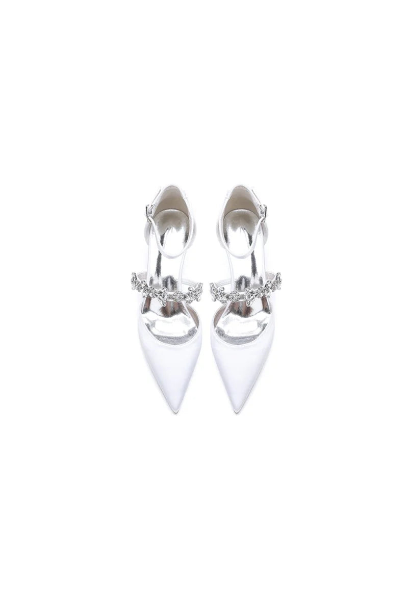 Crystal Strap Pointed Toe Satin Kitten Heels