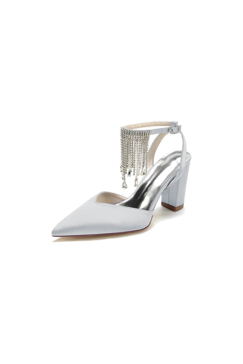 Pointed Toe Beading Tassel Satin Chunky Heels