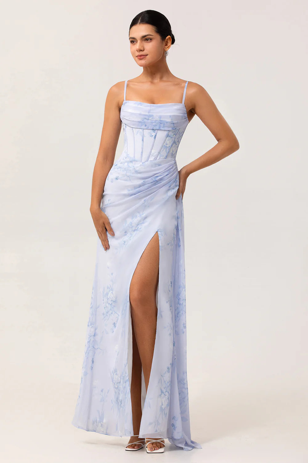 Blue Floral Mermaid Spaghetti Straps Corset Long Bridesmaid Dress with Streamer