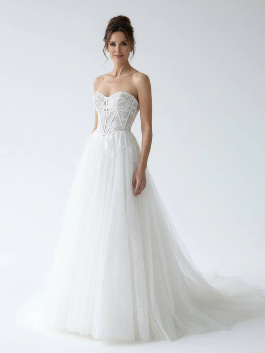 Charming A Line Strapless Tulle Lace Wedding Dresses