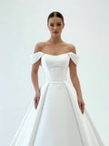 Elegant A Line Off the Shoulder White Satin Wedding Dresses