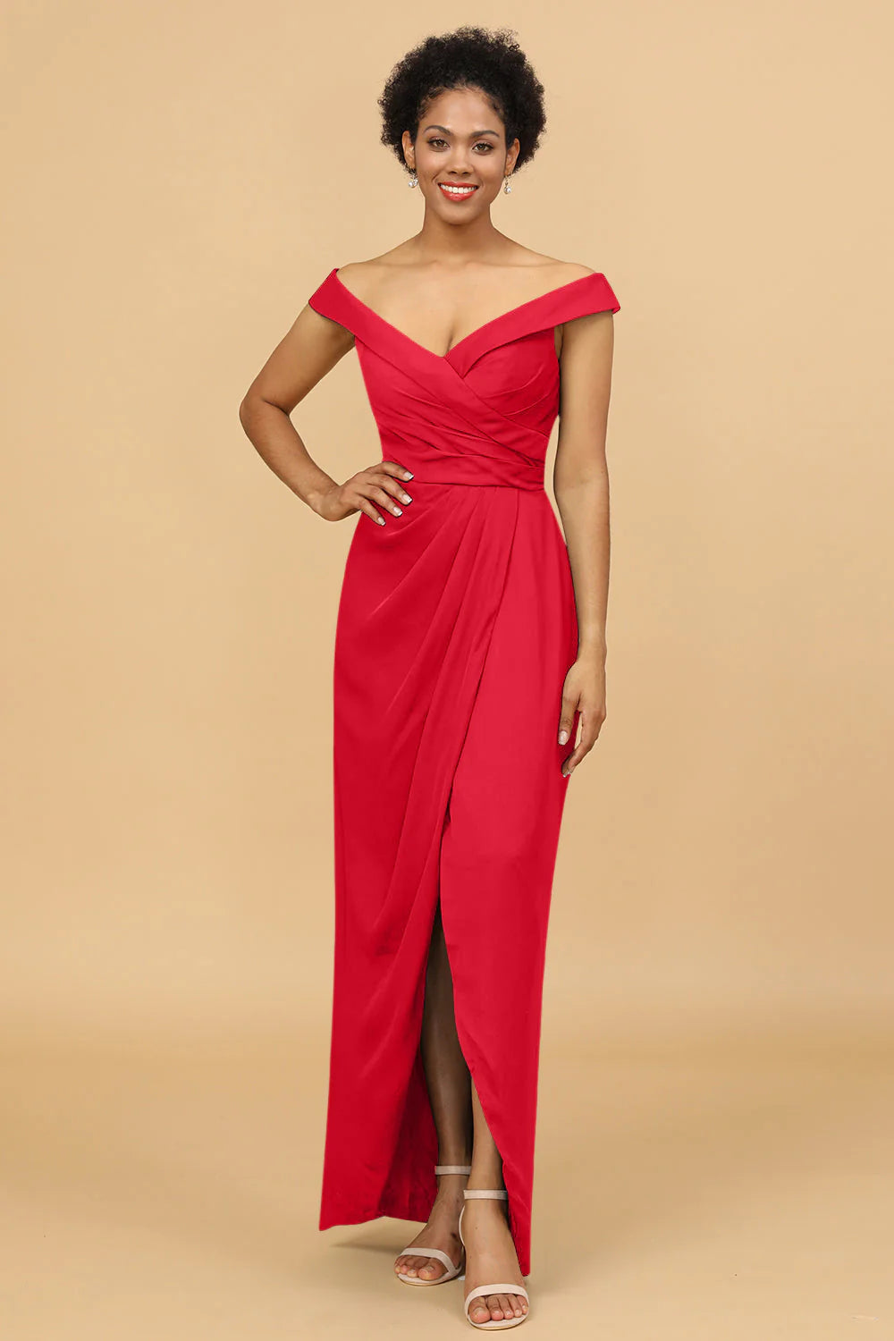 Sheath Column Off The Shoulder Satin Long Bridesmaid Dress