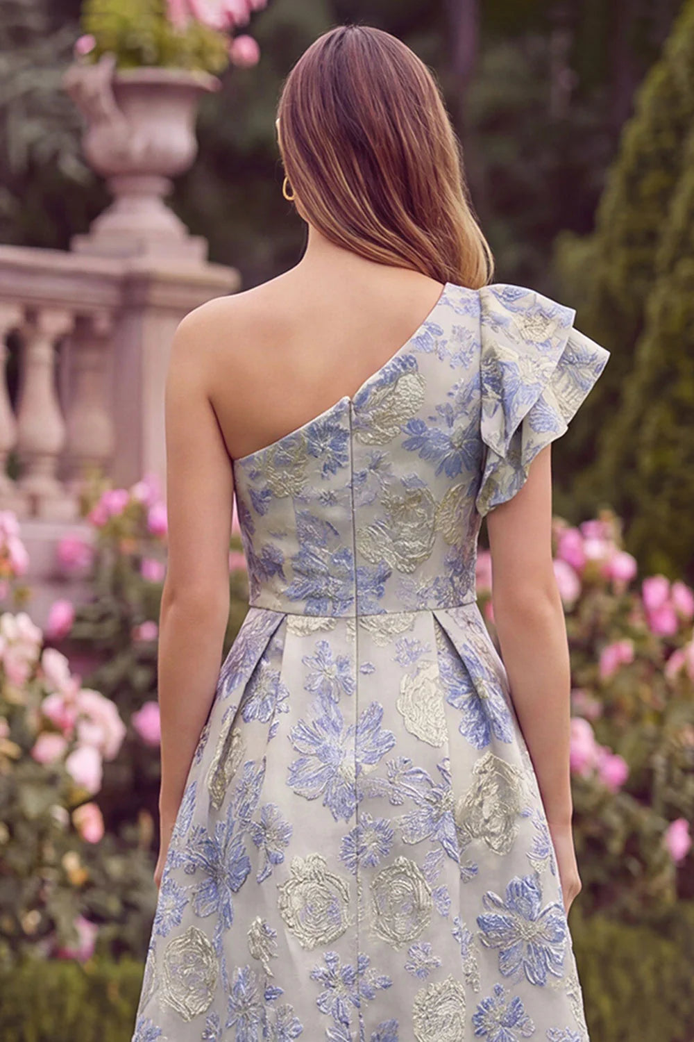 One Shoulder Floral Jacquard Light Blue A Line Midi Wedding Guest Dress