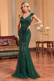 Sparkly Dark Green Mermaid V Neck Long Sequins Formal Dress