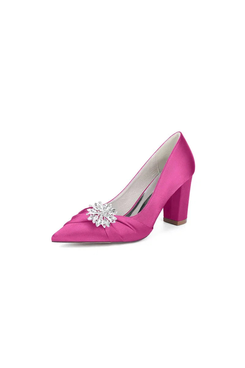 Black Satin High Heels with a Crystal Flower Accent