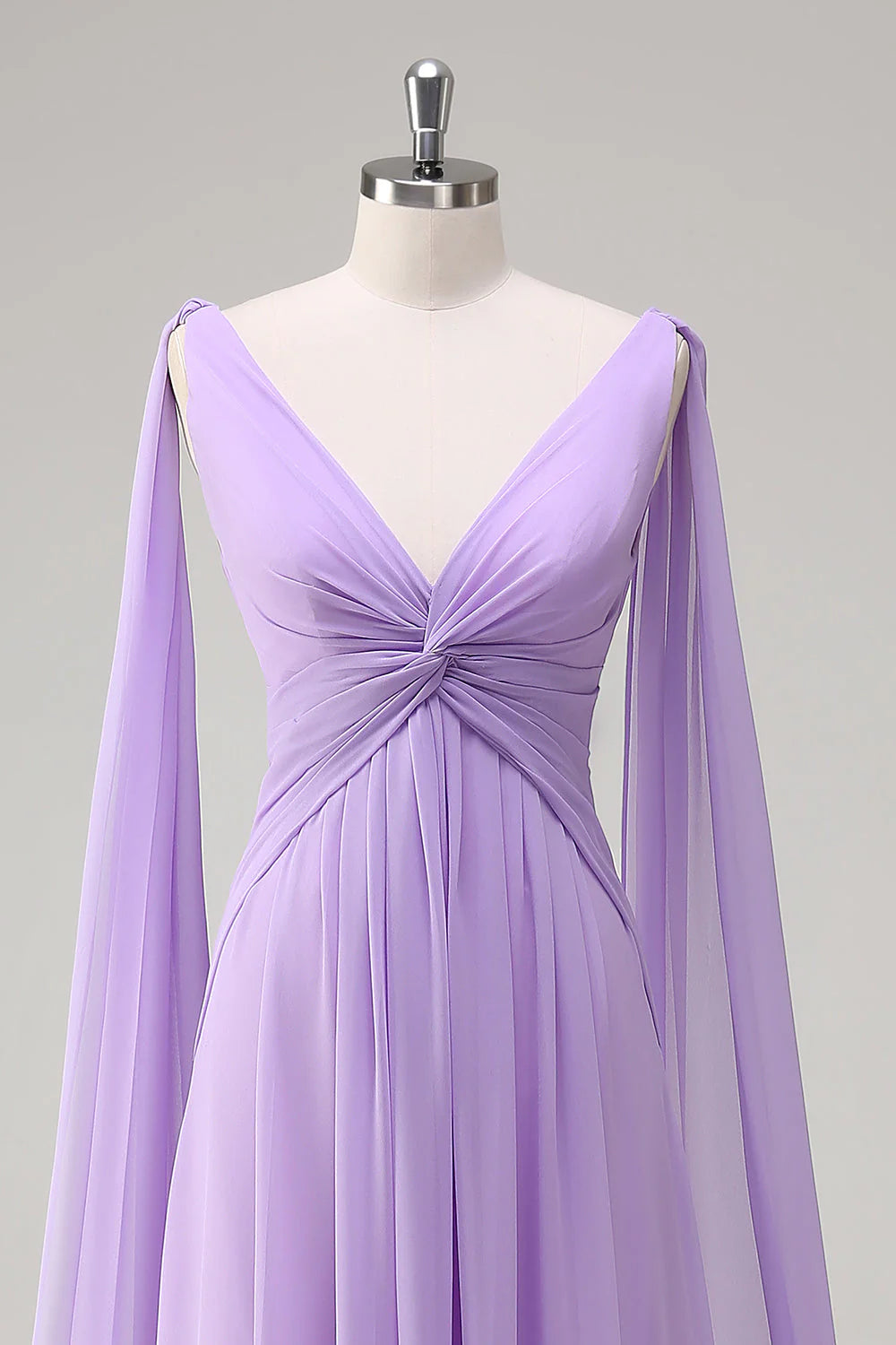 Elegant Lilac A Line V Neck Chiffon Long Bridesmaid Dress with Flowing Cape Sleeves