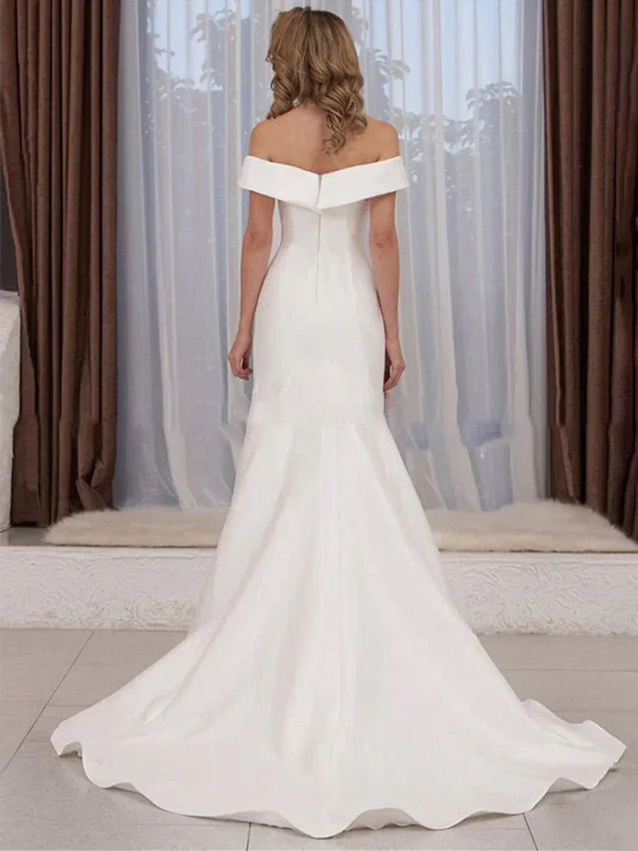 Chic Satin Off the Shoulder Sleeveless Sweep Train Bridal Dress