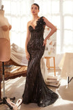 A1392 ONE SHOULDER FULLY BEADED FLORAL MOTIF GOWN BLACK NUDE Andrea Leo