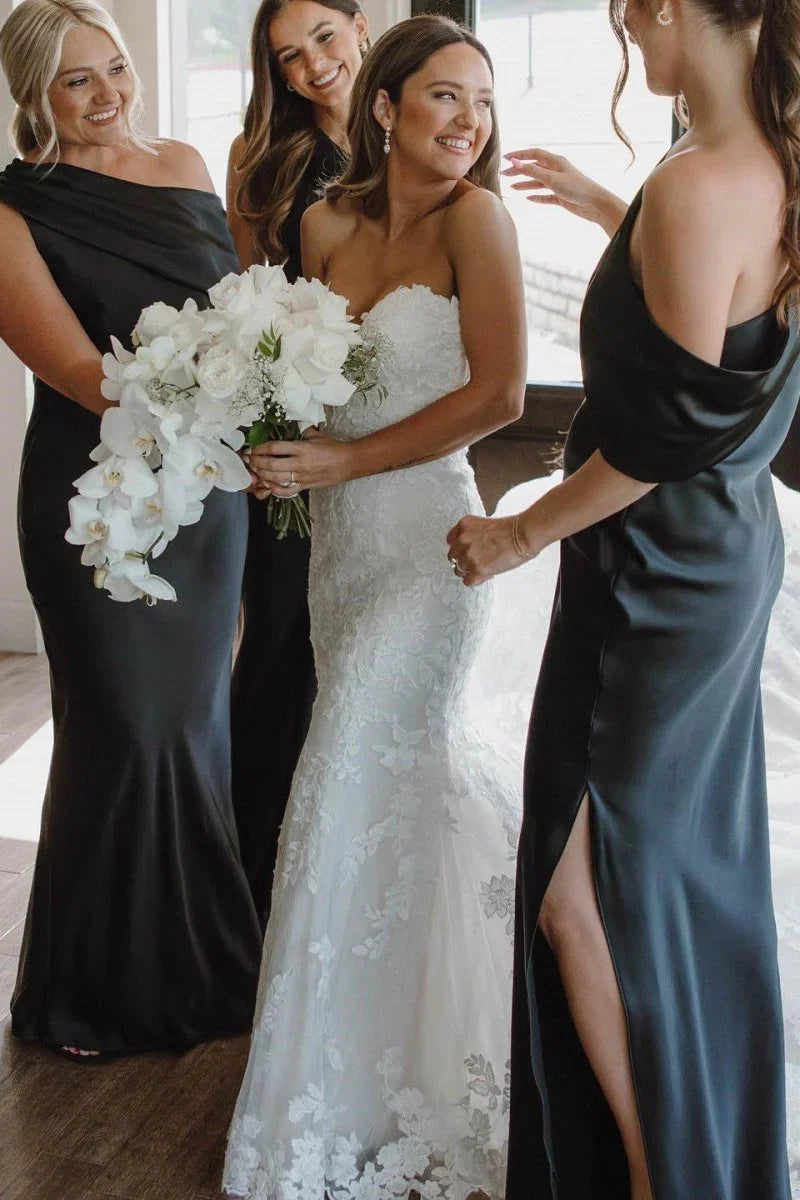 Ankle Length Slit Mermaid Bridesmaid Dresses with One Shoulder