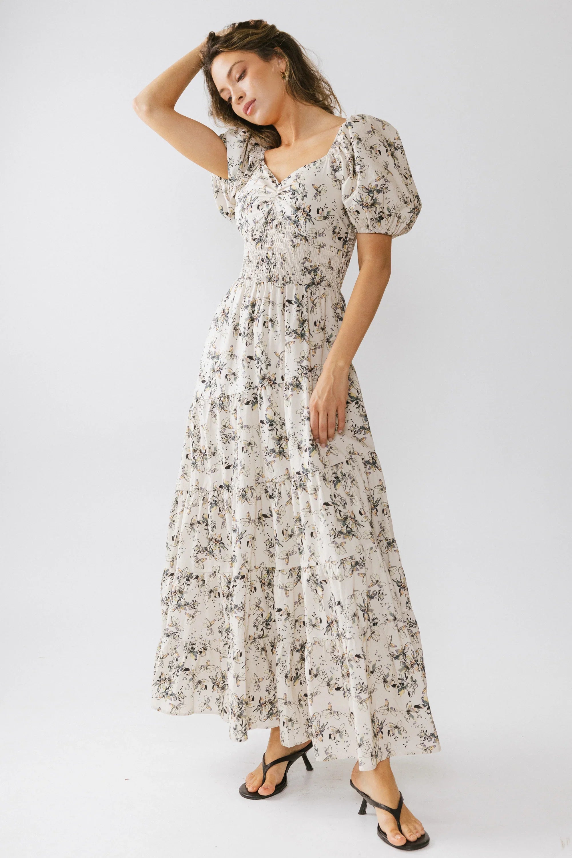 Robbie Floral Midi Dress in Beige