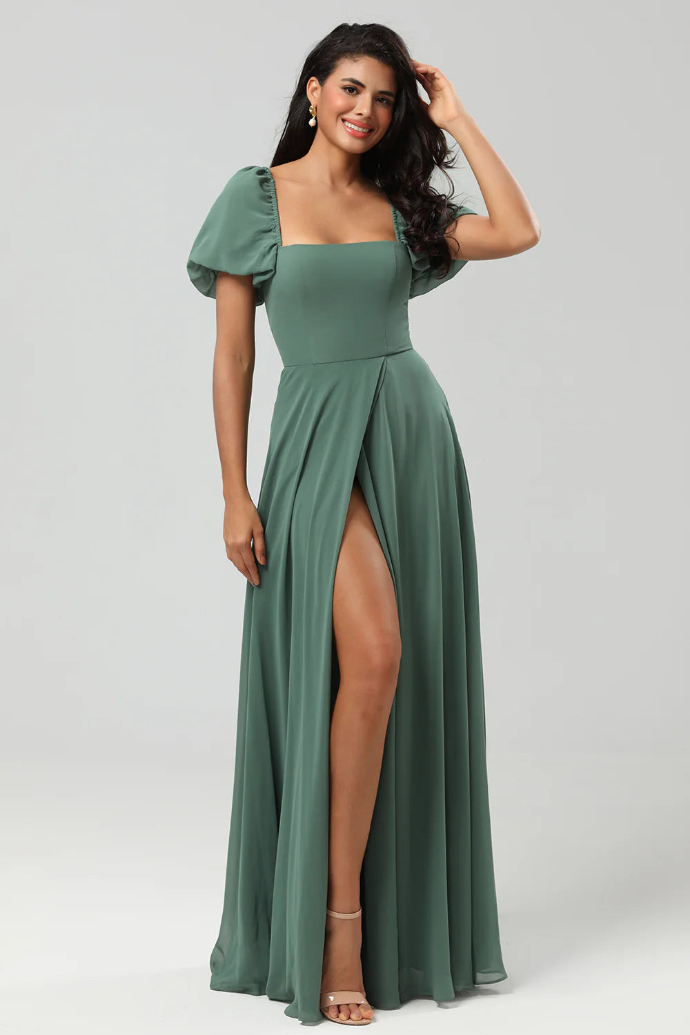 Eucalyptus A Line Square Neck Chiffon Puff Sleeves Bridesmaid Dress With Slit