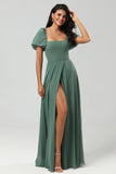 Eucalyptus A Line Square Neck Chiffon Puff Sleeves Bridesmaid Dress With Slit