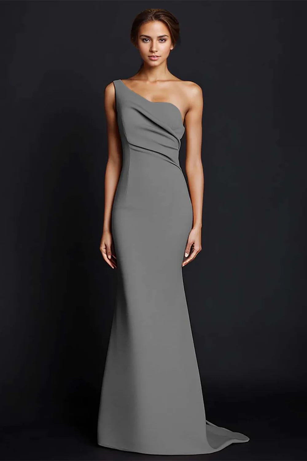 One Shoulder Mermaid Ruched Khaki Maxi Dress