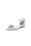 Pointed Toe Glitter Ankle Strap Low Heels With Rhinestone