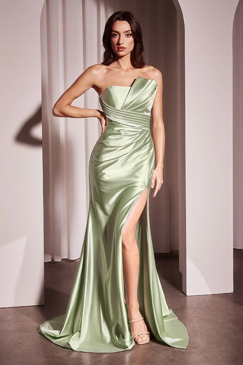 DEANNA GOWN ASYMMETRICAL STRAPLESS SATIN GOWN