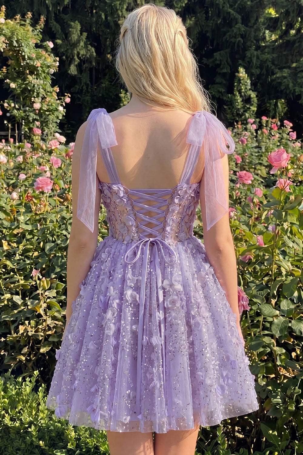 Lilac Sequin A Line Corset Short Homecoming Dress with 3D Flowers