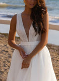 A Line Deep V neck Sleeveless Sweep Train Tulle Beach Wedding Dresses