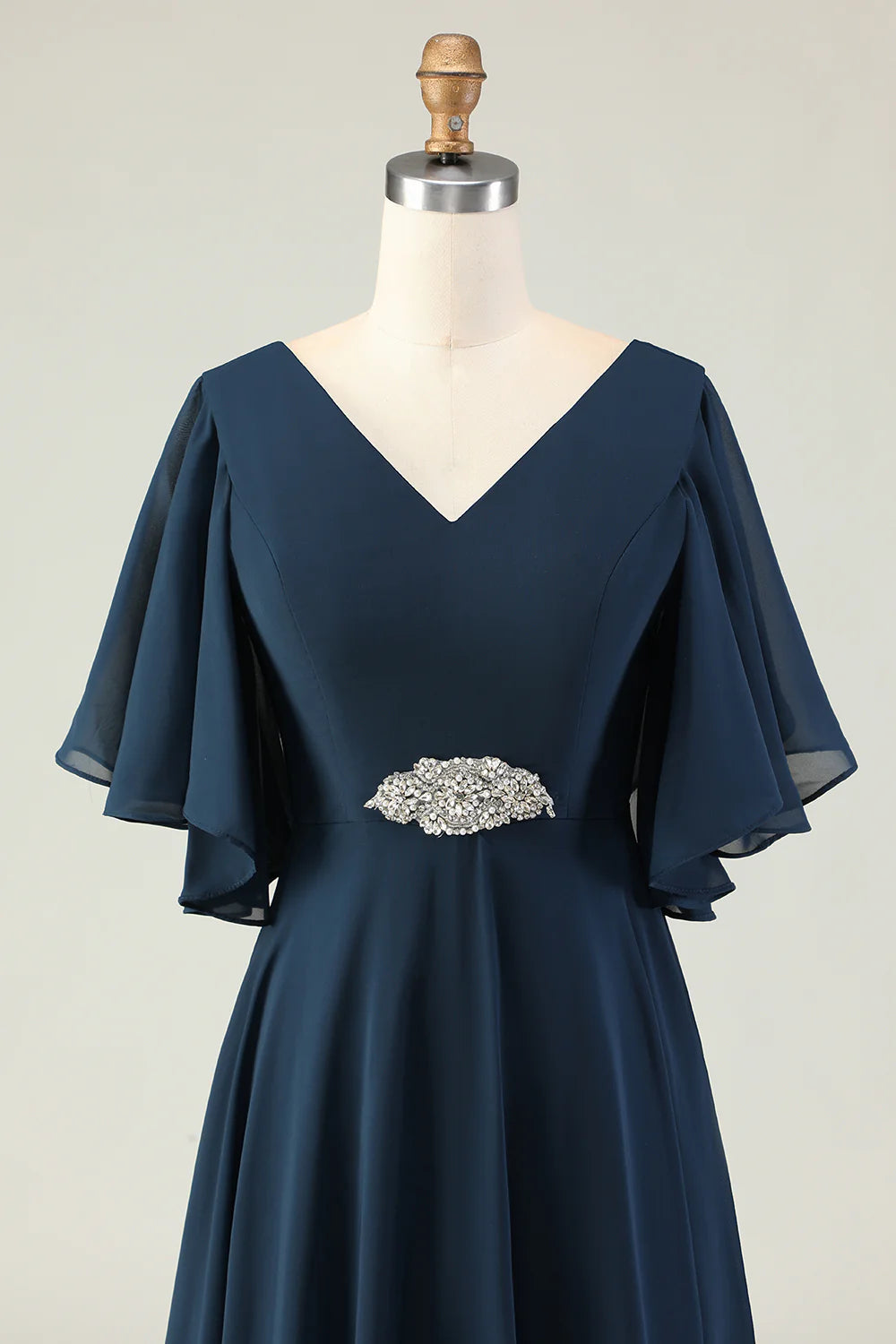 Navy A Line Embroidered Chiffon V Neck Chiffon Mother Dress with Rhinestones