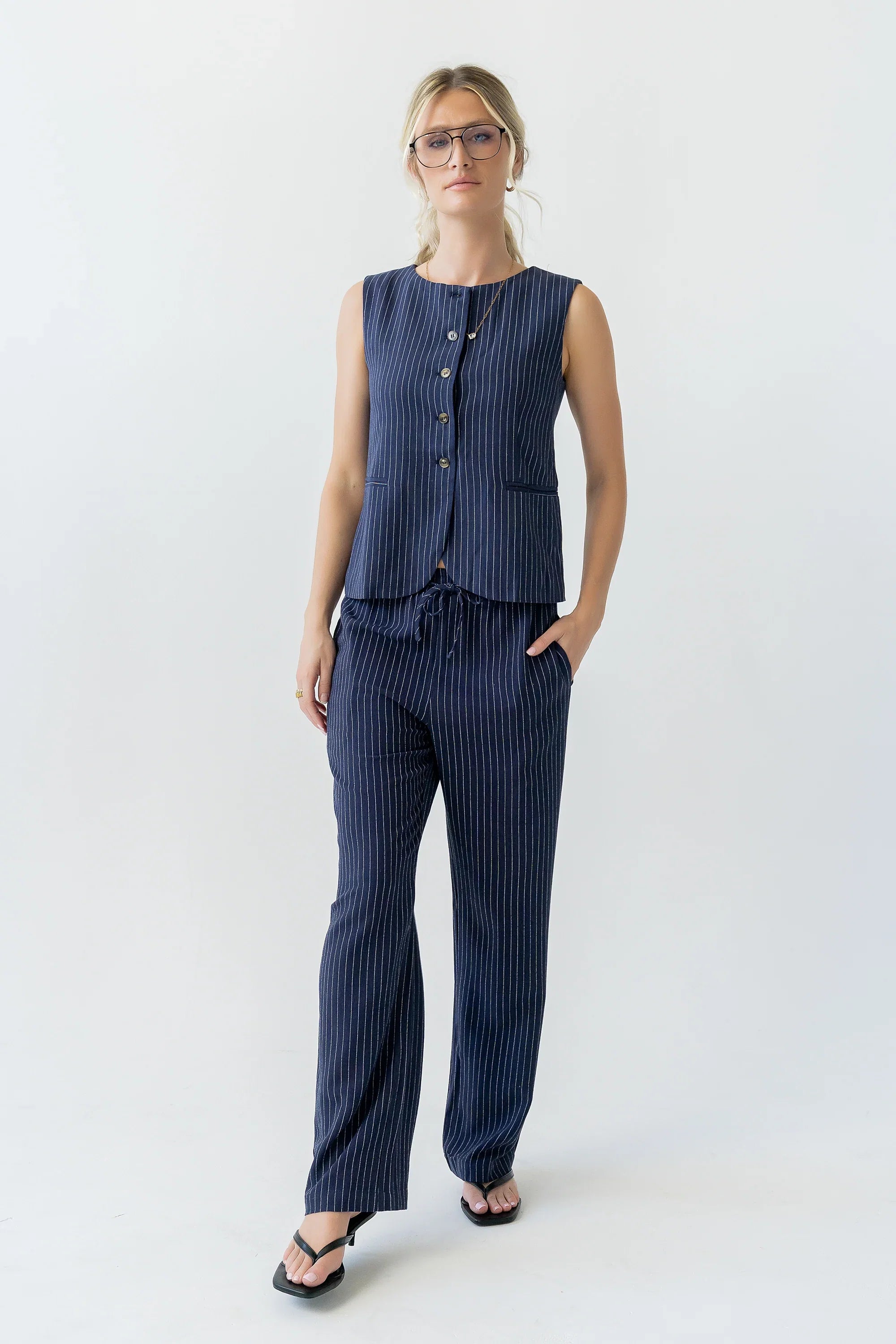 Vivienne Pinstripe Sleeveless Vest in Navy