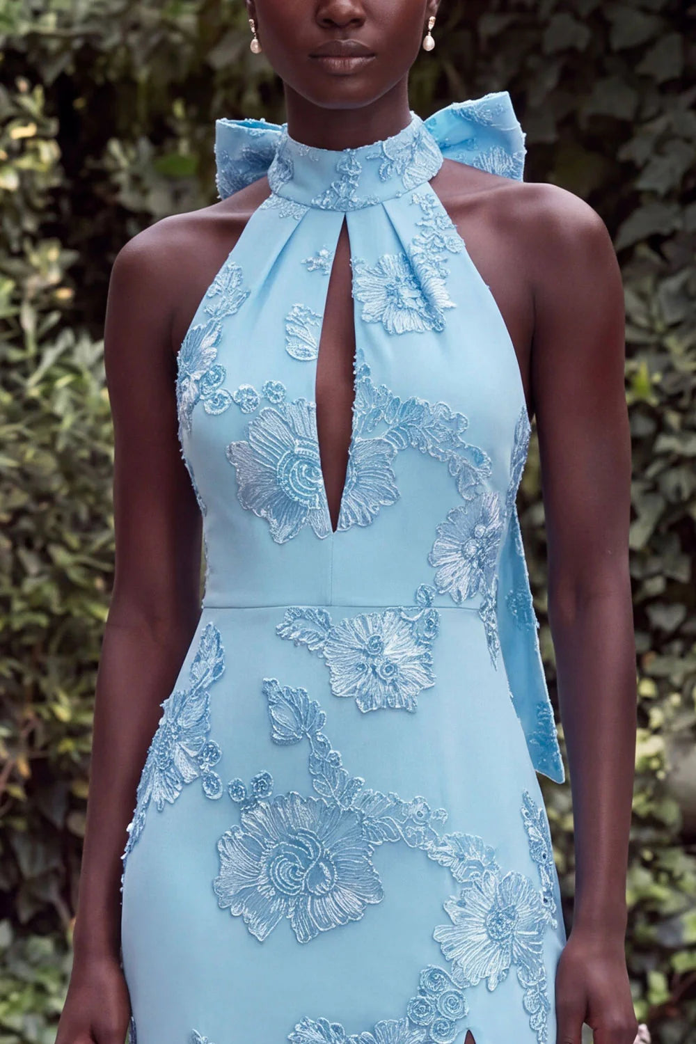 Halter Blue Mermaid Floral Embroidery Bow Keyhole Maxi Dress with Slit