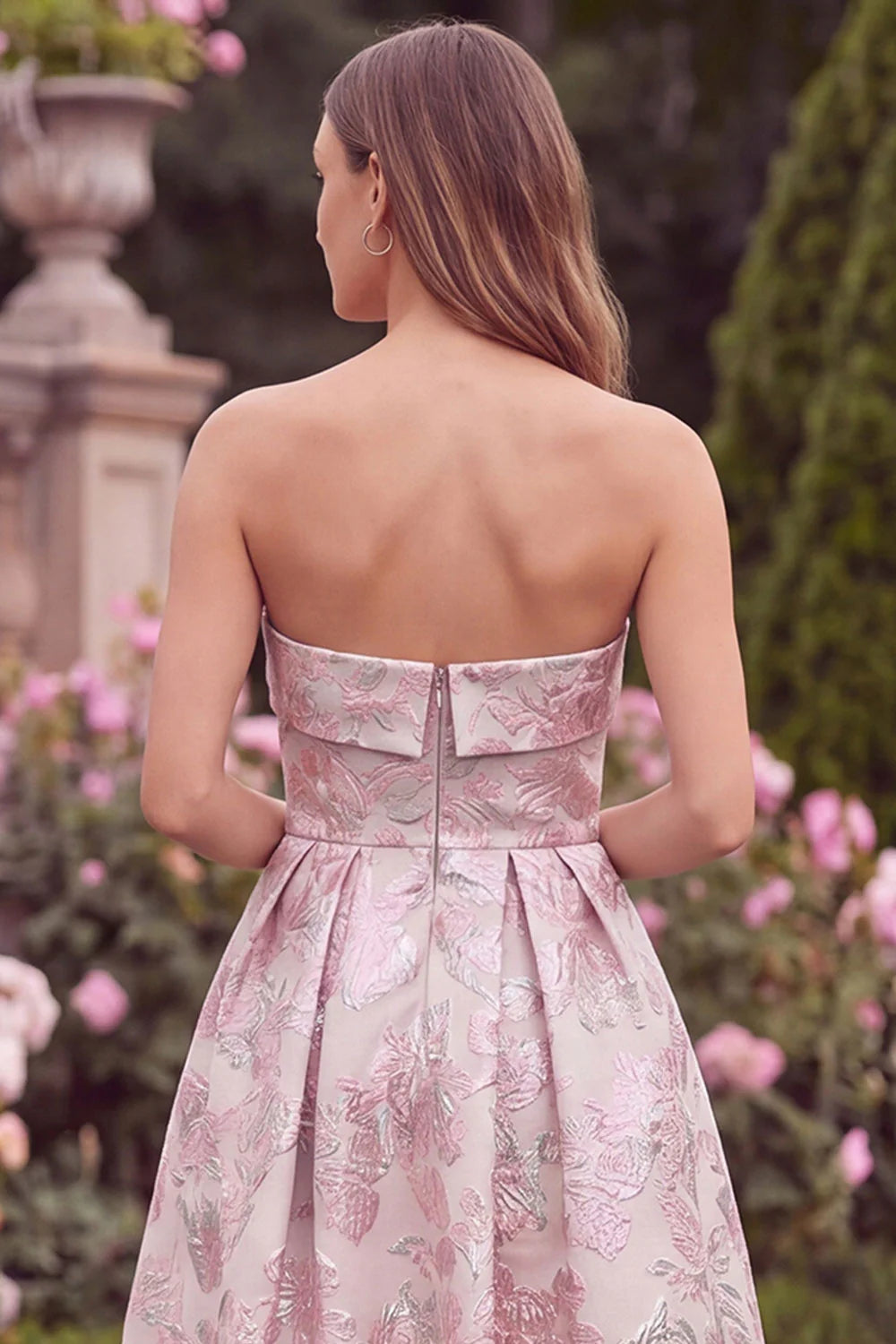 Strapless Pink Floral A Line Jacquard Midi Wedding Guest Dress