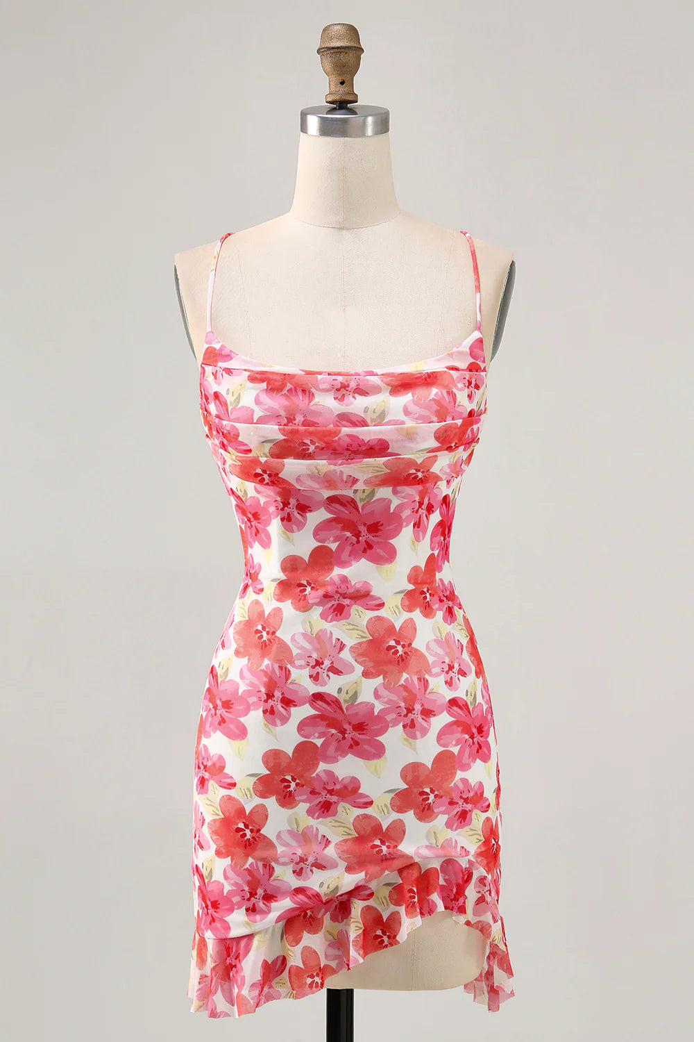 Red Flower Bodycon Ruched Printed Homecoming Dress