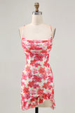 Red Flower Bodycon Ruched Printed Homecoming Dress