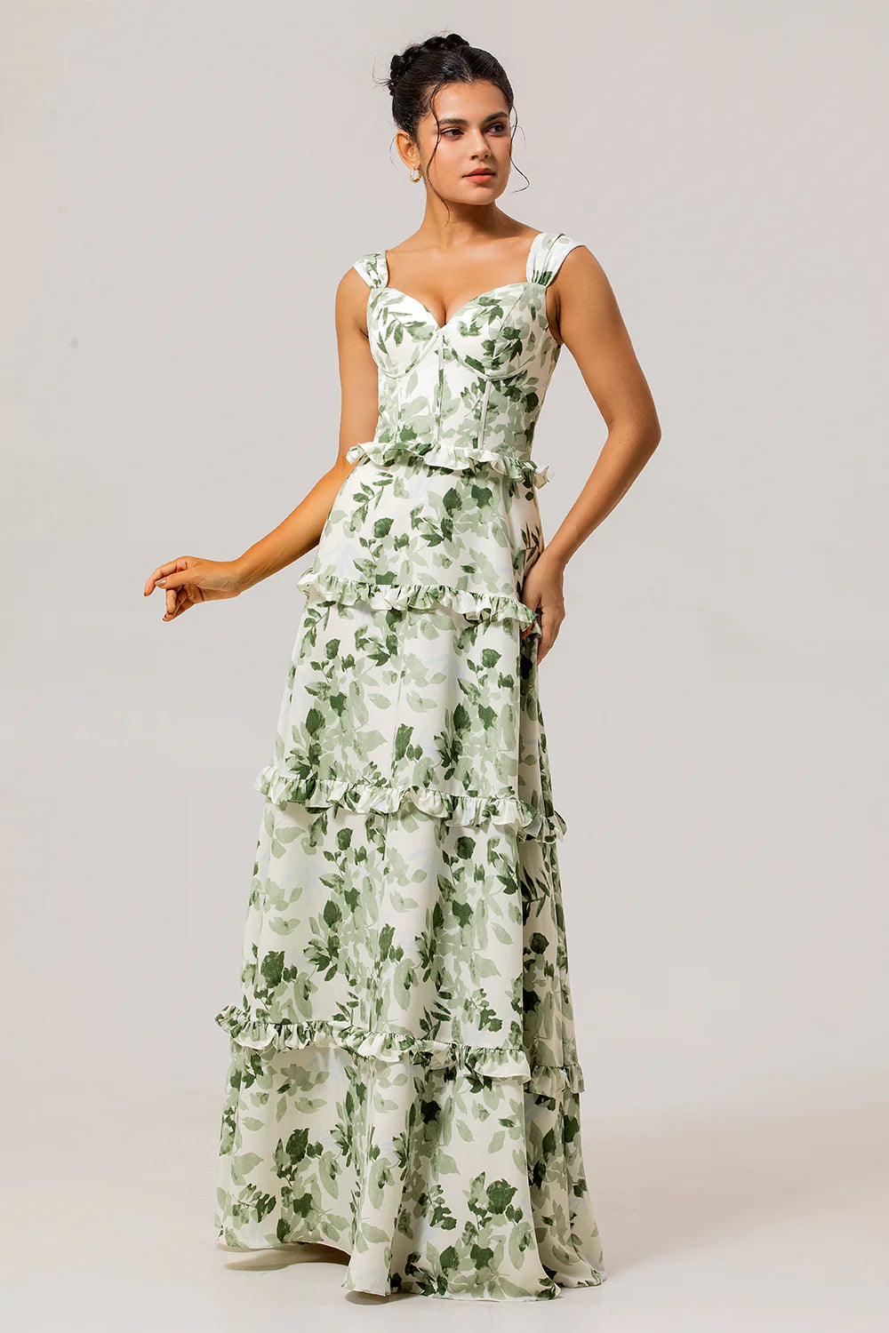 Green Flower A Line Corset Ruffle Long Bridesmaid Dress with Lace Up Back