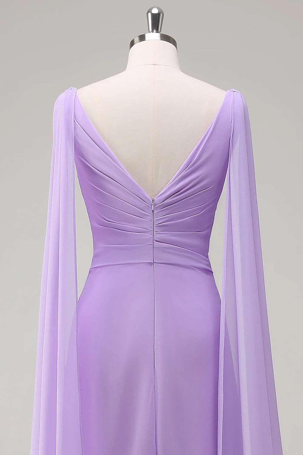 Elegant Lilac A Line V Neck Chiffon Long Bridesmaid Dress with Flowing Cape Sleeves