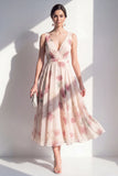 Blush Floral A Line V Neck Midi Wedding Guest Dress