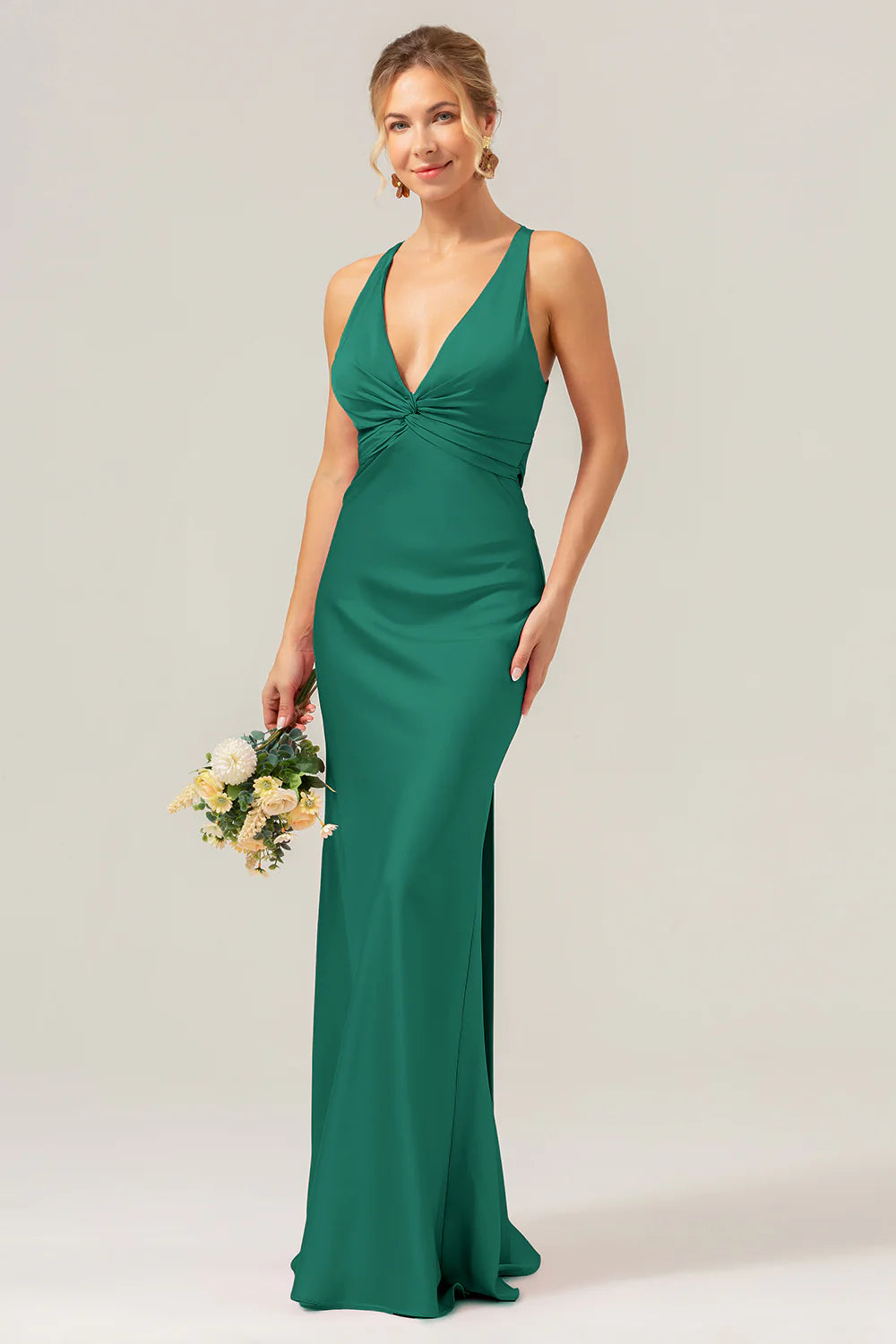 Pink Mermaid Deep V Neck Ruched Long Bridesmaid Dress with Lace Up Back