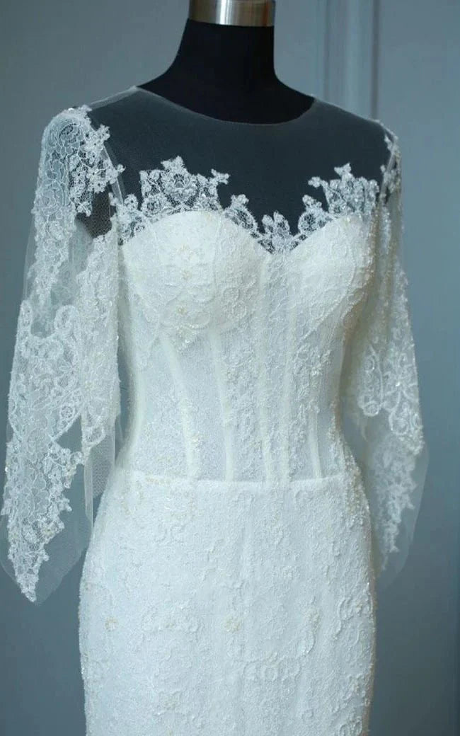 Mermaid Sweep Train Half Sleeve Bell Zipper Keyhole Lace Dress