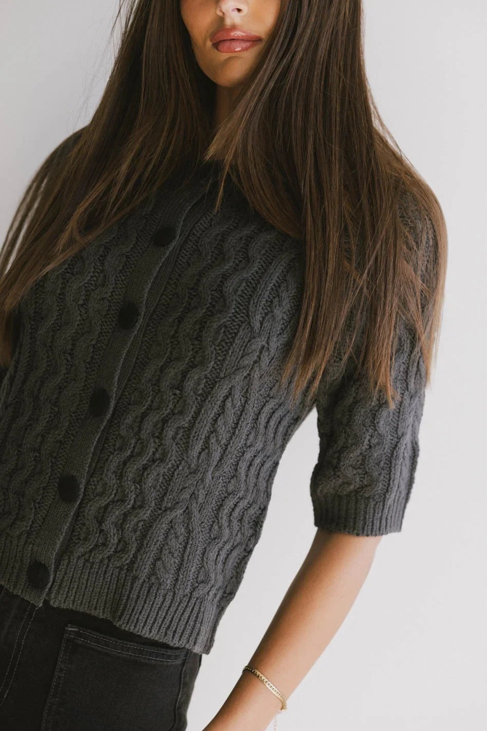 Erika Cable Knit Cardigan in Charcoal FINAL SALE