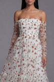 Off the Shoulder Ivory Floral A Line Wedding Guest Dress