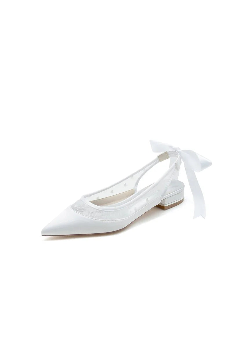 Satin Pointed Toe Mesh Low Heels With Bow