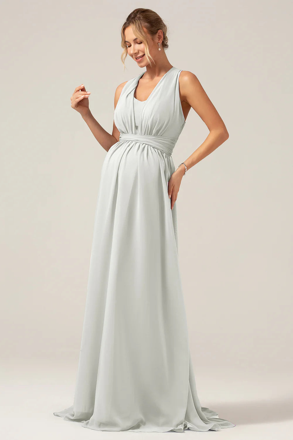 A Line Chiffon Convertible Dusty Blue Long Maternity Bridesmaid Dress