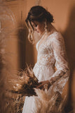 A Line Lace Top Flare Sleeves Open Back Wedding Dress