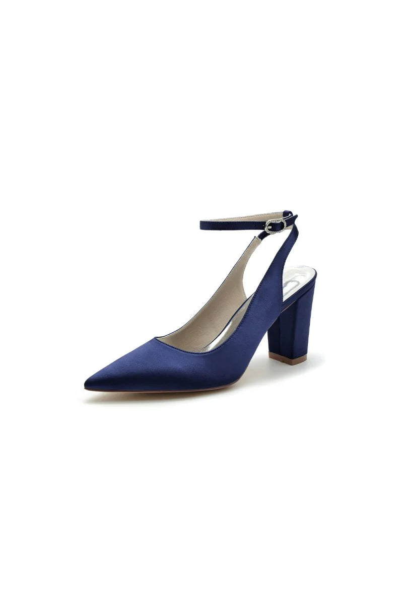 Satin Pointed Toe Ankle Strap Chunky Heels