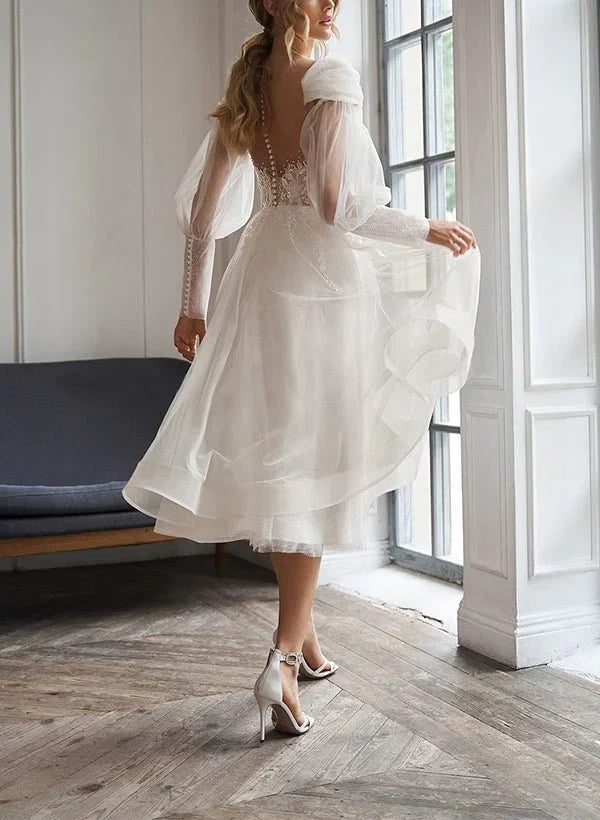 A Line Sweetheart Long Sleeves Elegant Tulle Wedding Dresses With Appliques Lace