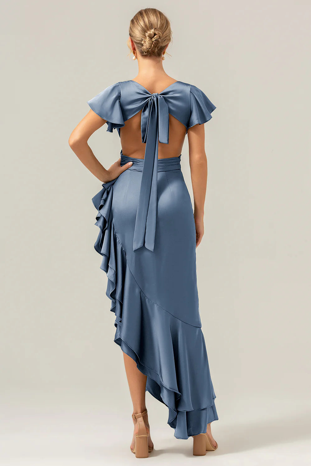 A Line V Neck Asymmetrical Olive Bridesmaid Dress with Ruffle Slit